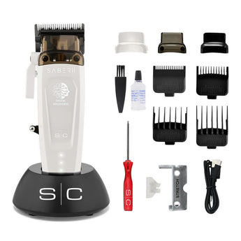 Stylecraft Saber 2.0 Clipper Weiß auf Ladestation mit 4 Aufsteckkämmen, 3 Wechselaufsätzen, Schraubendreher und Reinigungsset