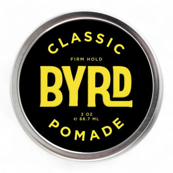 Phullcutz Byrd Classic Pomade Dose mit silbernem Deckel und schwarz-gelbem Etikett für starken Halt