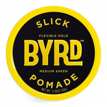 Phullcutz Byrd Slick Pomade Dose mit gelbem Deckel und schwarzem Etikett für flexiblen Halt und mittleren Glanz
