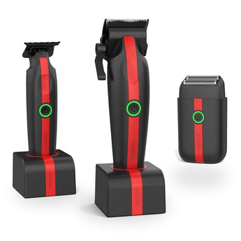 Phullcutz Cocco Veloce Lite Bundle in Schwarz-Rot mit Haarschneider, Trimmer und Folienrasierer inklusive Ladestationen