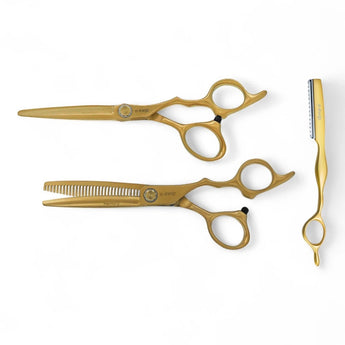 Phullcutz e-kwip Harmony matt-gold Scheren-Set mit Schneide- und Modellierschere sowie einem gratis Razor.