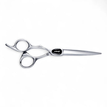 Phullcutz e-kwip+ Primus 55 LEFT Haarschere in Silber mit schwarzem Logo-Element für präzises Linkshand-Schneiden