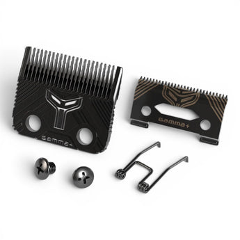 Phullcutz Gamma+ Echo MIM & Shallow DLC clipper blade set with two black blades, two screws, and two springs.