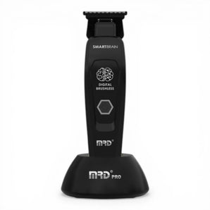Phullcutz MRD Pro Smartbrain black metal trimmer with digital brushless motor and DLC blades on charging stand.