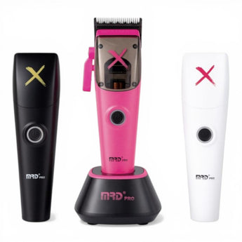 Phullcutz MRD Pro Ultimate X hair clipper in pink, black, and white with charging stand. Features precision blades and ergonomic design.