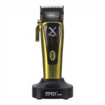 Phullcutz MRD Pro Vector X Pro gold professional hair clipper with charging base. Features a brushless motor and precision blades.