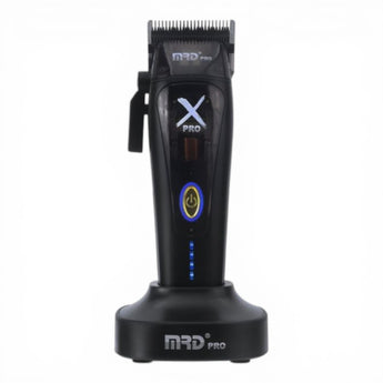 Phullcutz MRD Pro Vector X Pro professional cordless hair clipper with charging stand and LED indicators.