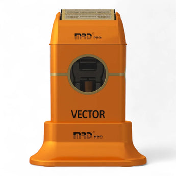 Phullcutz MRD Pro ZB-999 Vector Motor Shaver Orange auf Ladestation mit goldener Scherfolie für präzises Konturenschneiden