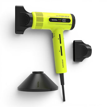 Phullcutz ROVRA Haartrockner in leuchtendem Neongrün mit digitaler Anzeige und Aufsätzen für Styling und Volumen.