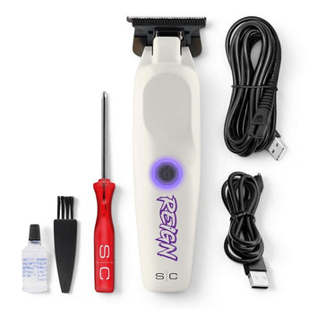 Phullcutz Stylecraft Reign kabelloser Trimmer mit schwarzer DLC-Klinge und Zubehör, ideal für präzise Schnitte.