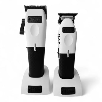 Phullcutz TPOB Play Clipper und Trimmer Set in Schwarz-Weiß mit Ladestationen für professionelle Haarschnitte