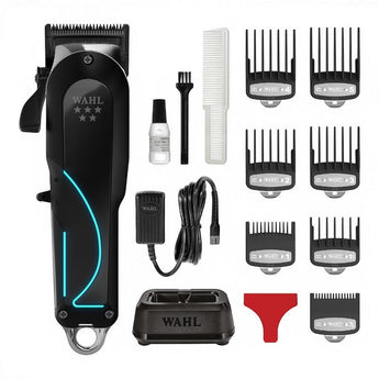 Phullcutz Wahl Senior 2.0 professional hair clipper with black metal body, blue accents, and charging station. Includes combs, oil, and brush.