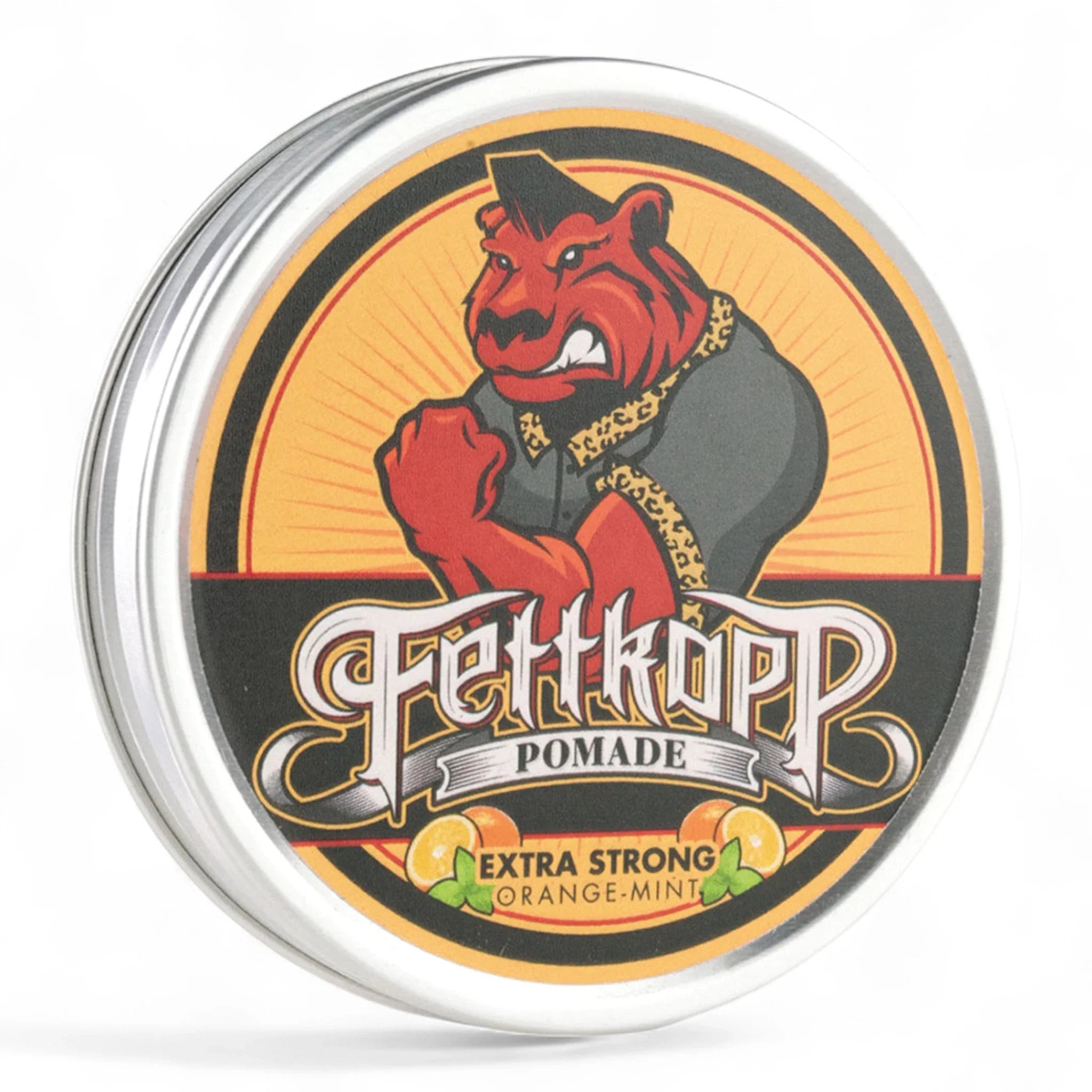 Produktbild von Fettkopp Pomade Extra Strong Orange-Mint auf weißem Hintergrund