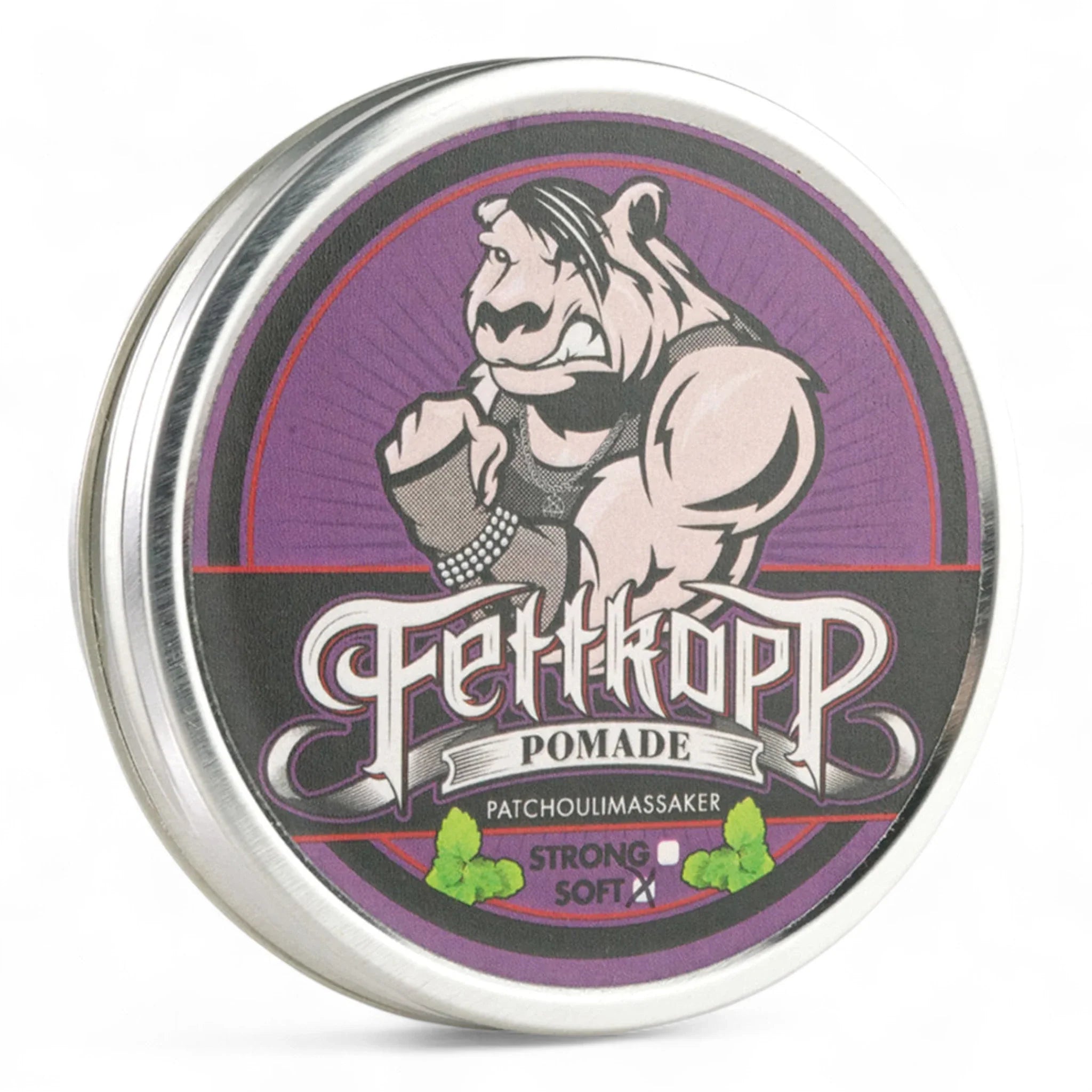 Produktbild von Fettkopp Pomade Soft Patchoulimassaker auf weißem Hintergrund