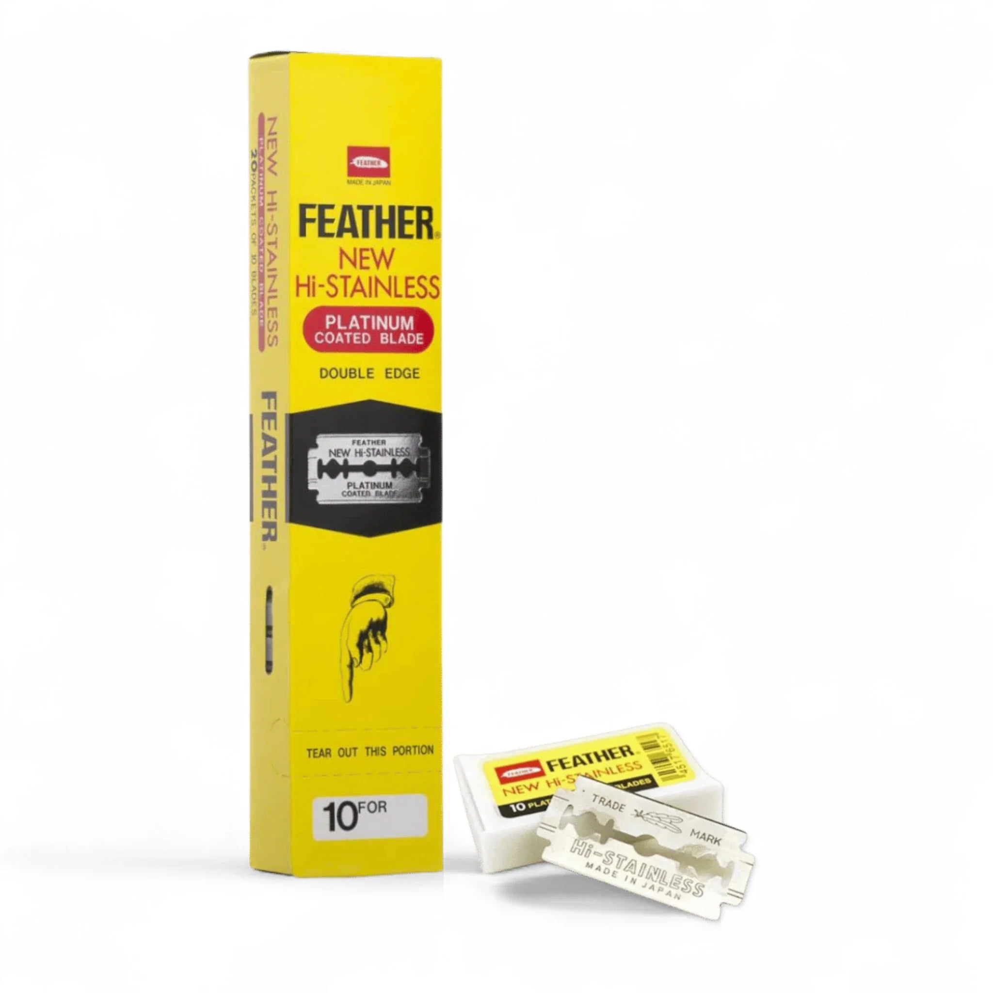 Produktbild von Feather Hi-Stainless Double Edge Rasierklingen auf weißem Hintergrund