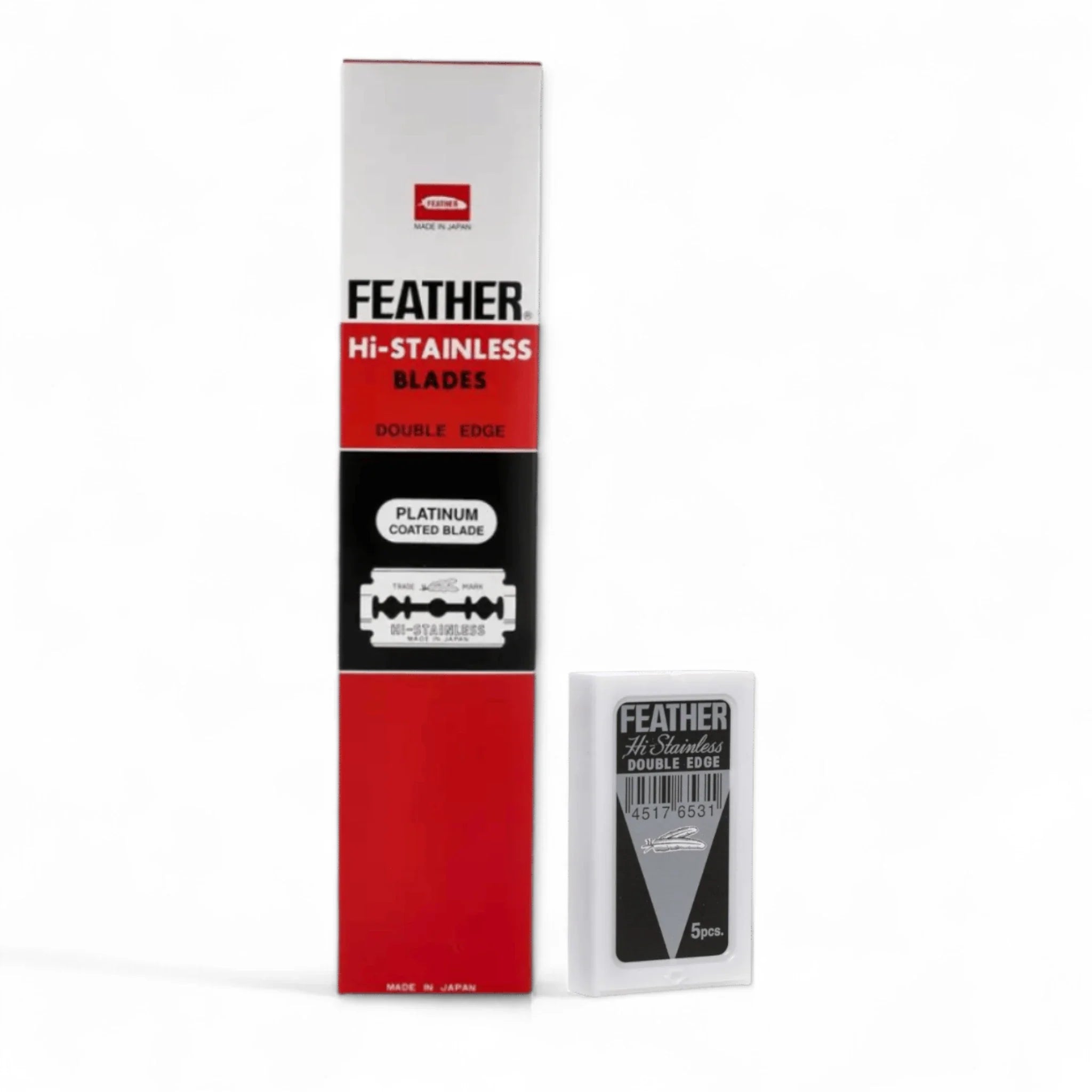 Produktbild von Feather Hi-Stainless Double Edge Rasierklingen auf weißem Hintergrund