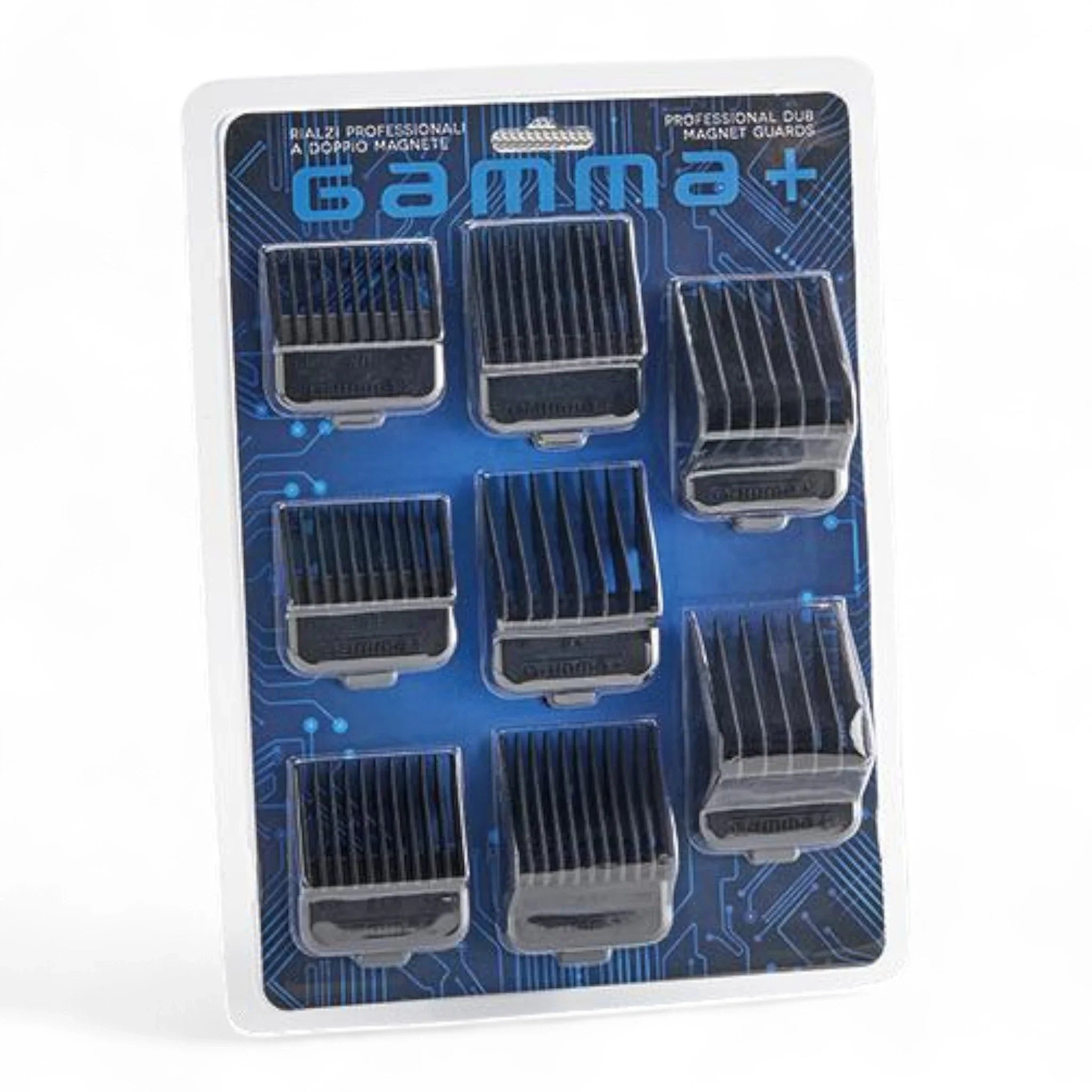 Produktbild von Gamma+ Doppelmagnet-Aufsteckkämme 8 Stück, für Gamma+ Haarschneider auf weißem Hintergrund