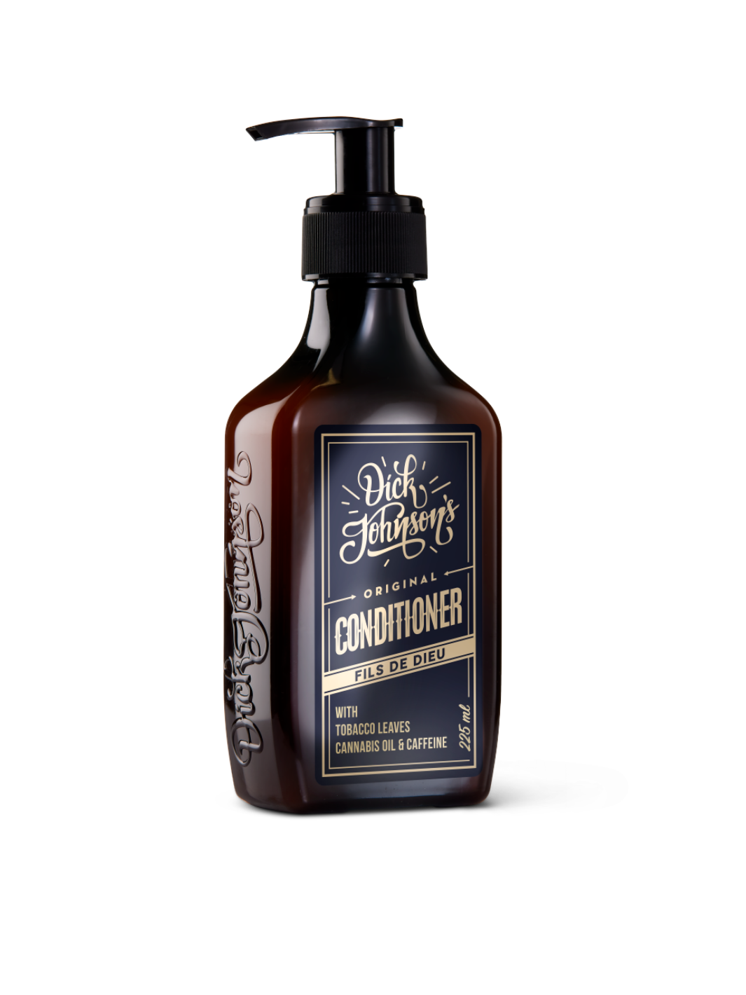 Dick Johnson Conditioner Fils De Dieu 225ml, angereichert mit Tabakblättern, Cannabisöl und Koffein, bietet intensive Pflege und Vitalität für das Haar, jetzt bei Phullcutz verfügbar.