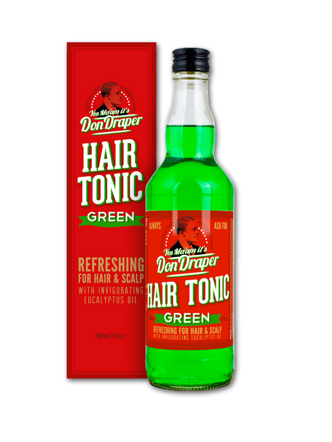 Don Draper Hair Tonic Green 500ml, belebendes Haarwasser für erfrischte Kopfhaut und optimales Styling, erhältlich bei Phullcutz. Fördert Haarwuchs und verhindert Fett- sowie Schuppenbildung.