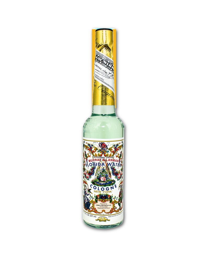 Murray & Lanman Florida Water Cologne in einer Vintage-Flasche mit viktorianischem Etikett und goldener Versiegelung, erhältlich bei Phullcutz."