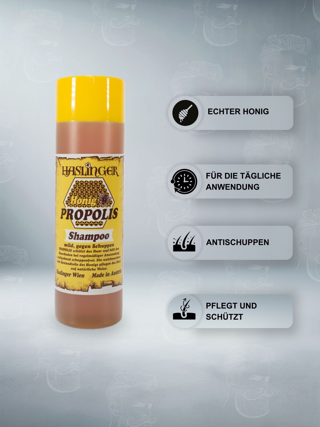 Haslinger Honig Propolis Shampoo 200ml, angereichert mit echtem Honig, für die tägliche Anwendung konzipiert, mit antischuppender Wirkung und pflegt sowie schützt das Haar.