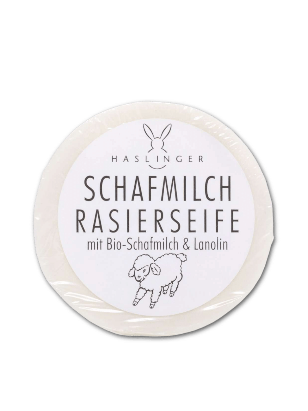 Haslinger Rasierseife mit Schafmilch und Lanolin in einer 60g Packung, erhältlich bei Phullcutz, ideal für eine sanfte und pflegende Rasur, auf weißem Hintergrund.