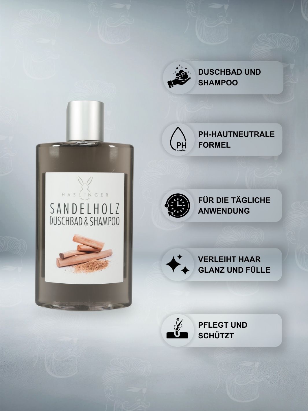 Haslinger Sandelholz Duschbad & Shampoo 200ml mit pH-hautneutraler Formel, für die tägliche Anwendung geeignet, verleiht dem Haar Glanz und Fülle, pflegt und schützt die Haut.