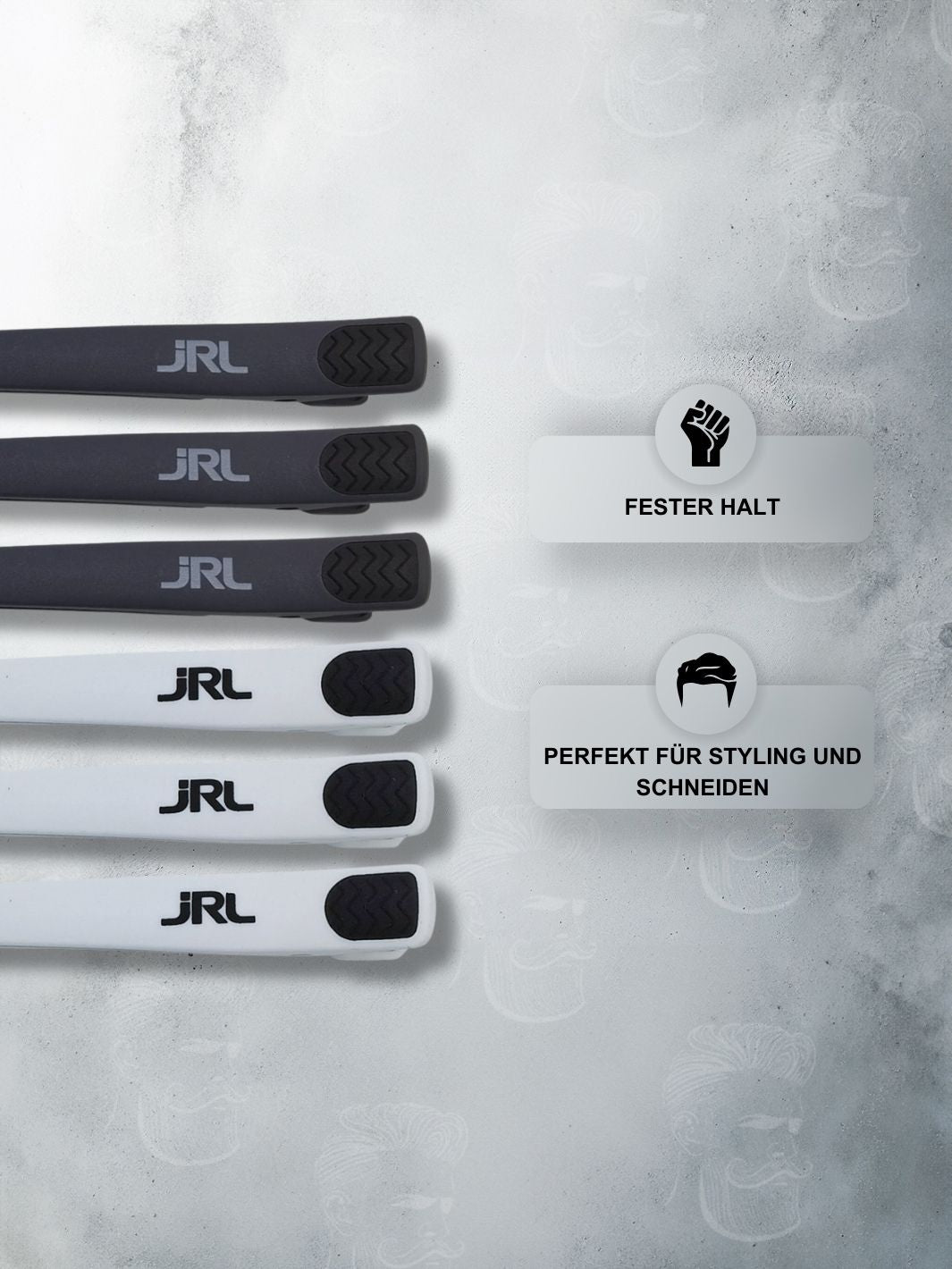 Professionelle JRL Haarclips in Schwarz und Weiß für starken Halt, ideal zum Stylen und Schneiden von Haaren.