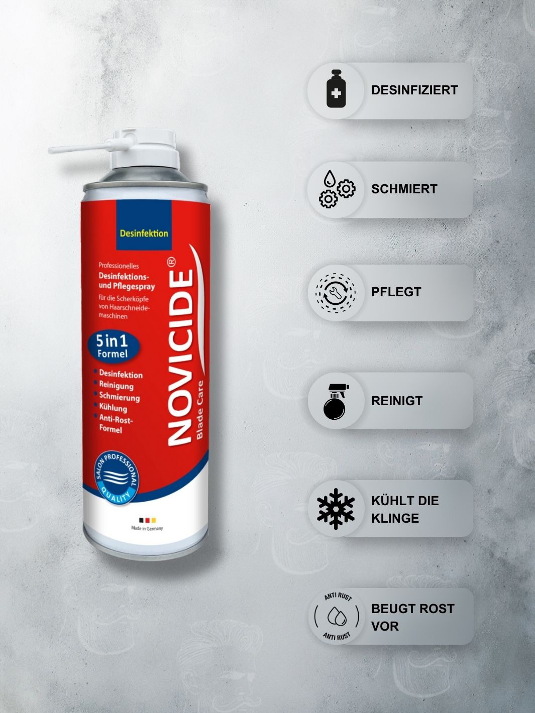 NOVICIDE Blade Care Spray 500ml mit 5-in-1 Formel, desinfiziert, schmiert und pflegt Haarschneidemaschinen, kühlt Klingen und beugt Rost vor.