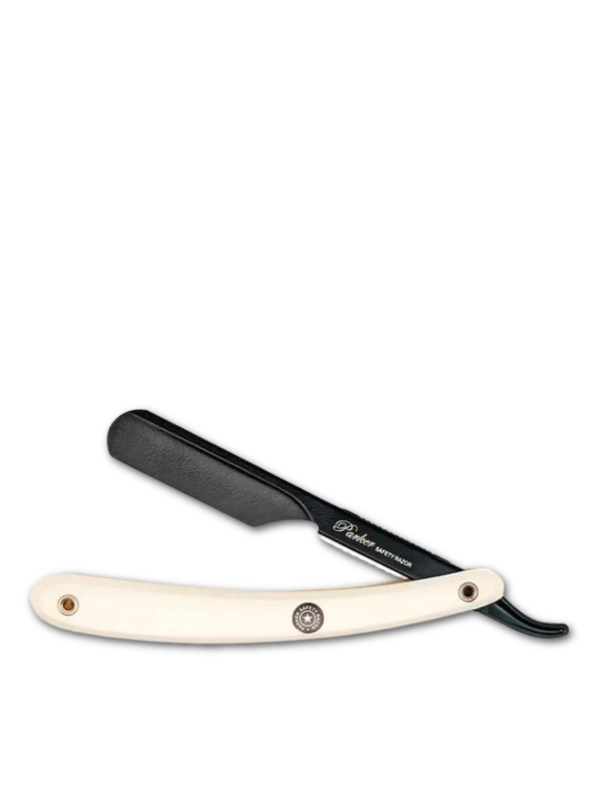 Parker PTWBA Rasiermesser mit Elfenbeinfarbenem Griff und schwarzem Edelstahlklingenarm, verfügbar bei Phullcutz.