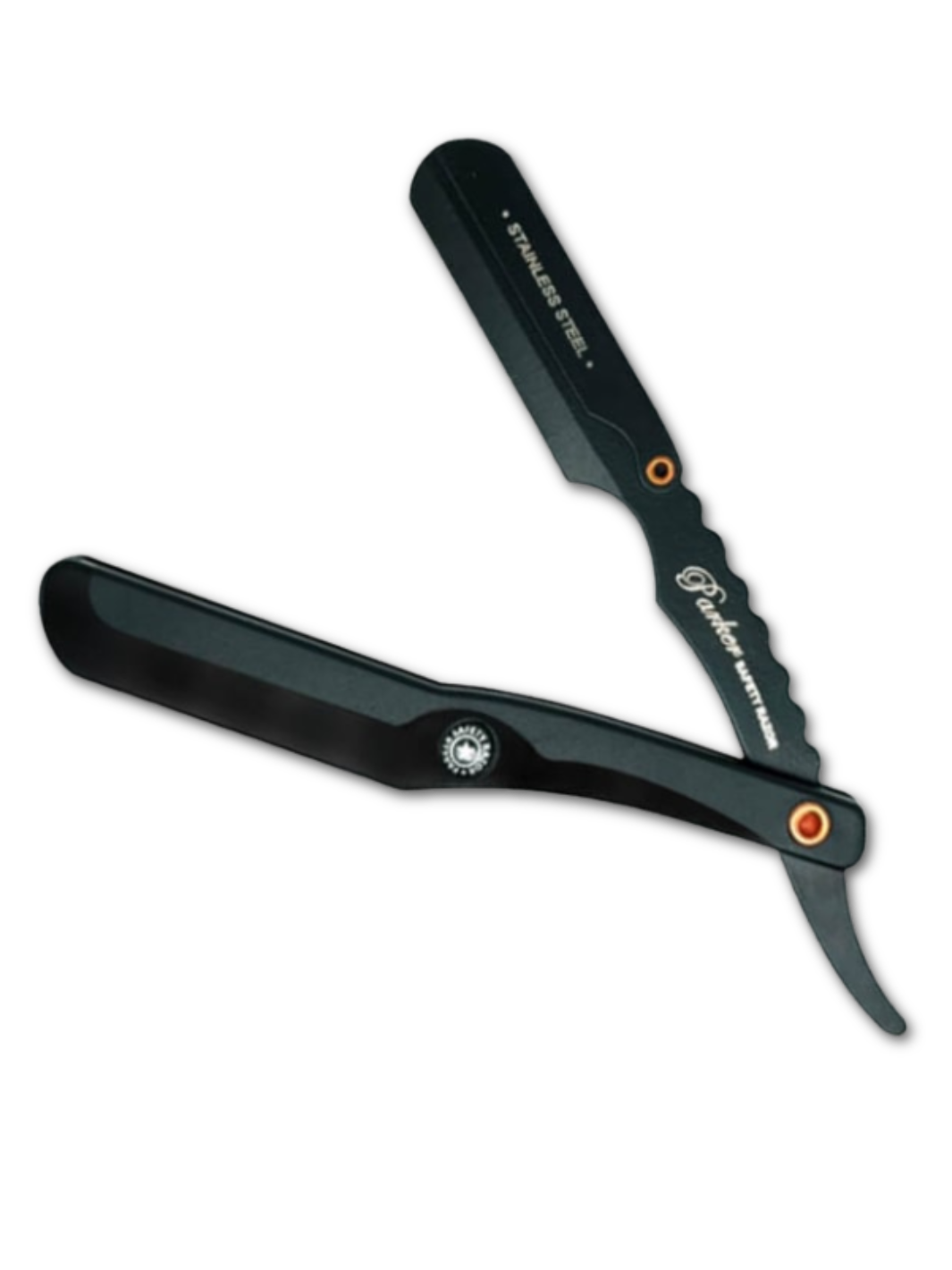 Parker SRBBA Rasiermesser mit schwarzem Edelstahlgriff und Signaturlogo, erhältlich bei Phullcutz für eine präzise und stilvolle Rasur.