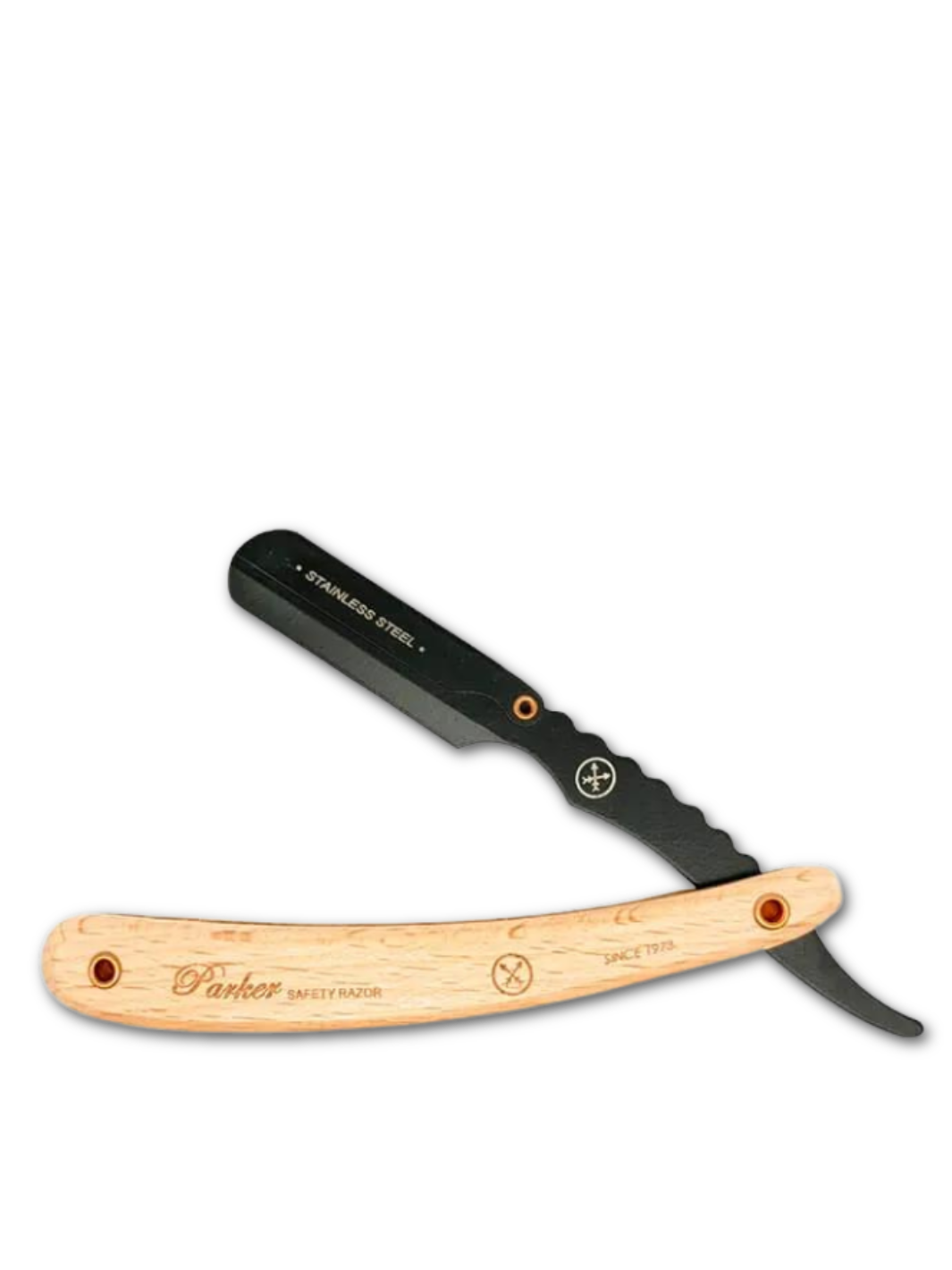 Das Parker SRPBA Rasiermesser mit natürlichem Holzgriff und schwarzer Edelstahlklinge, verfügbar bei Phullcutz für eine präzise, traditionelle Rasur.