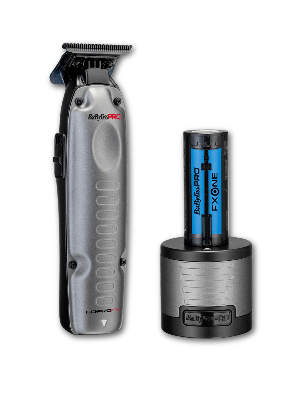 BaBylissPRO FXONE LO-PRO Trimmer in Grau, erhältlich bei Phullcutz – Professioneller Trimmer mit Zero-Gap-fähiger T-Klinge aus Titanium, leistungsstarkem Motor und ergonomischem Design für präzise Konturen.