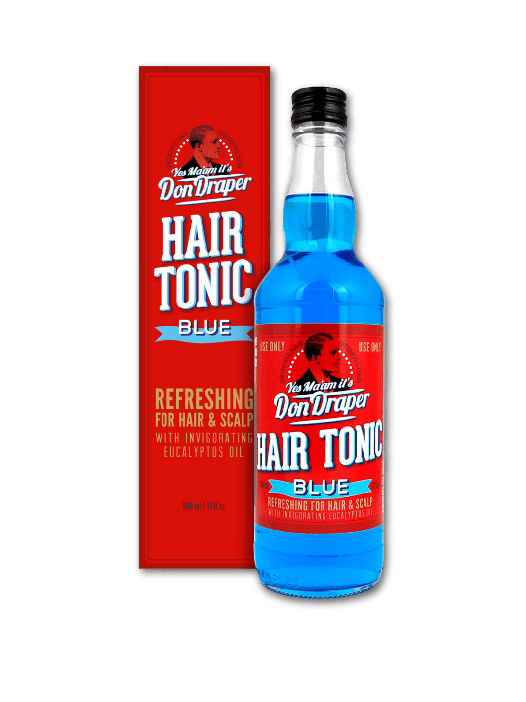 Don Draper Hair Tonic Blue 500ml, belebendes Menthol-Haarwasser für erfrischte Kopfhaut und optimales Styling, erhältlich bei Phullcutz. Fördert Haarwuchs und verhindert Fett- sowie Schuppenbildung.