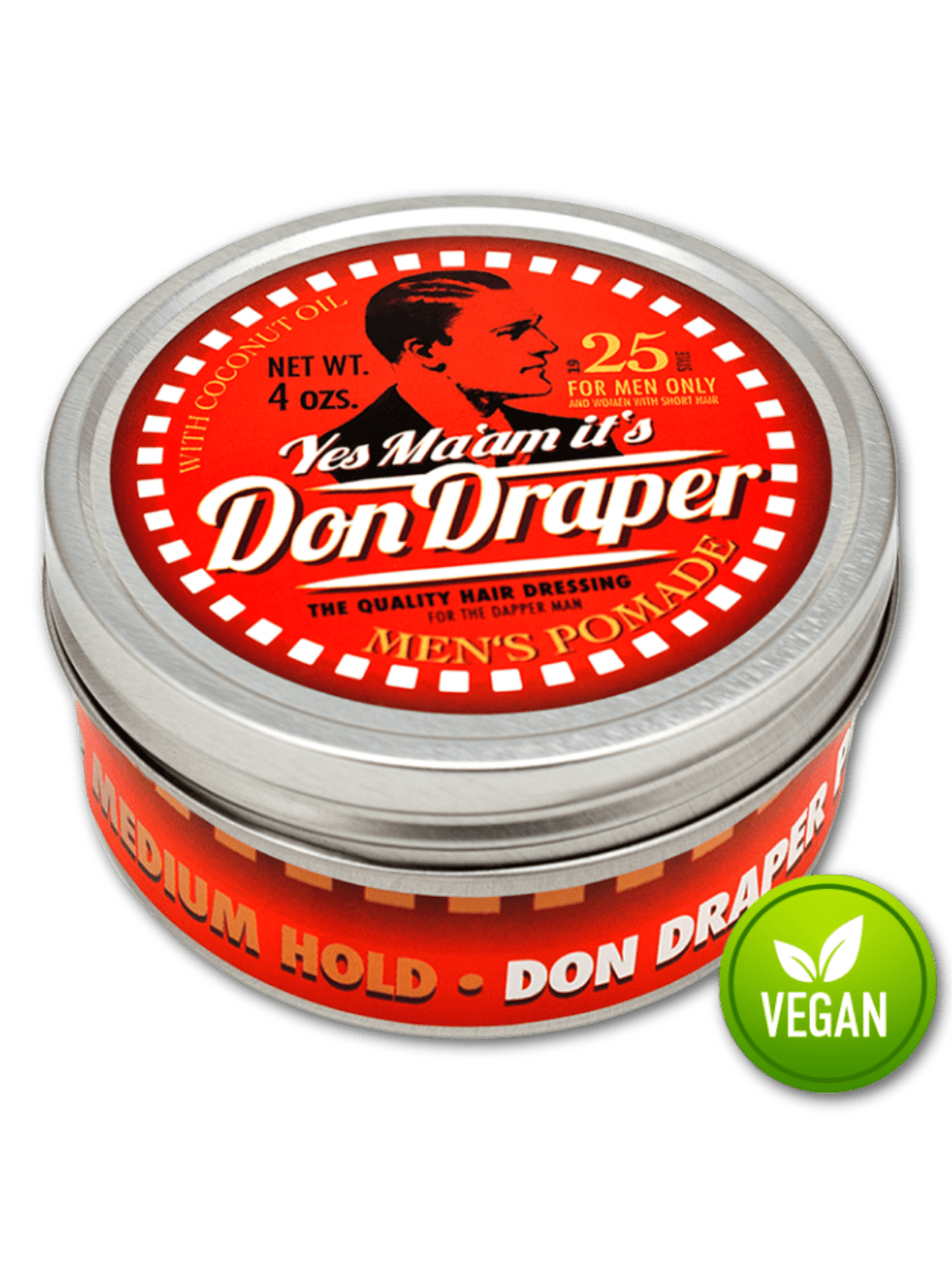 Don Draper Men’s Pomade Medium 100g, mittlerer bis fester Halt für flexibles Styling. Pflege mit Kokosnussöl und maskulinem Duft, erhältlich bei Phullcutz. Ideal für Vintage-Frisuren.