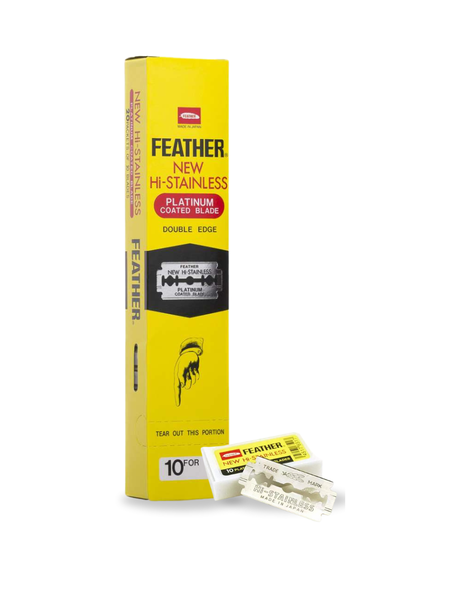 Feather Hi-Stainless Double Edge Rasierklingen in einer 200er Packung, präzise und langlebige Klingen für Barber, verfügbar bei Phullcutz.