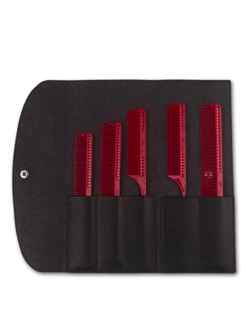 JRL Profi-Stylingkamm-Set in schwarzer Lederhülle auf grünem Hintergrund, erhältlich bei Phullcutz für professionelle Barber und Stylisten.