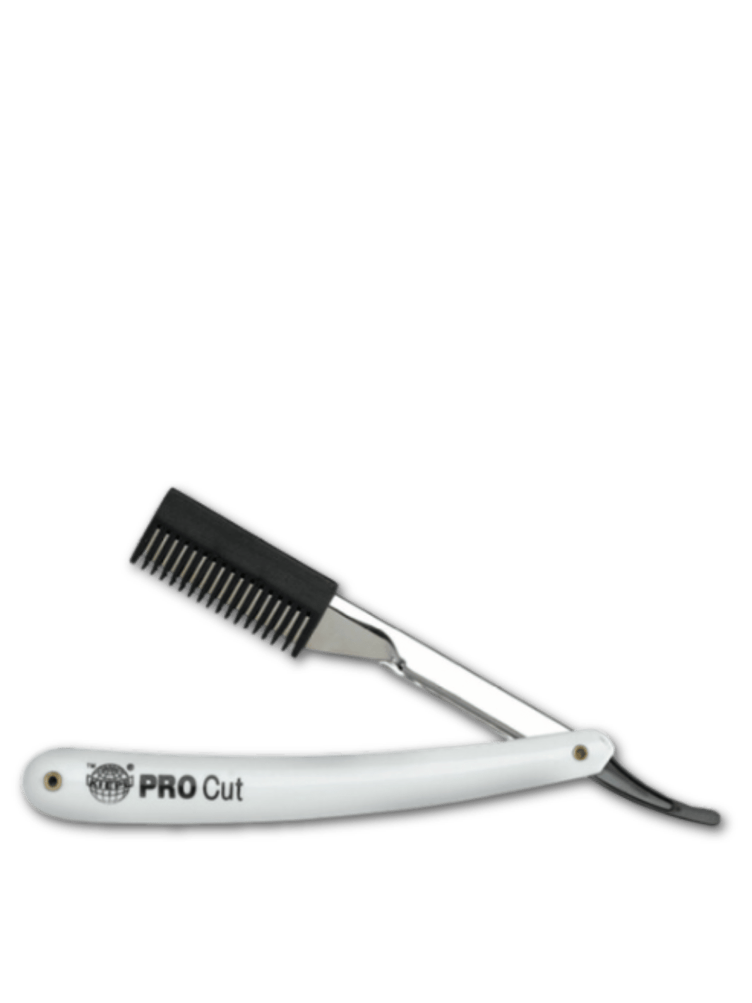 Das Kiepe Pro Rasiermesser Pro Cut in Weiß mit Kamm, erhältlich bei Phullcutz, ideal für präzise Rasuren und professionelles Ausdünnen von Haaren.