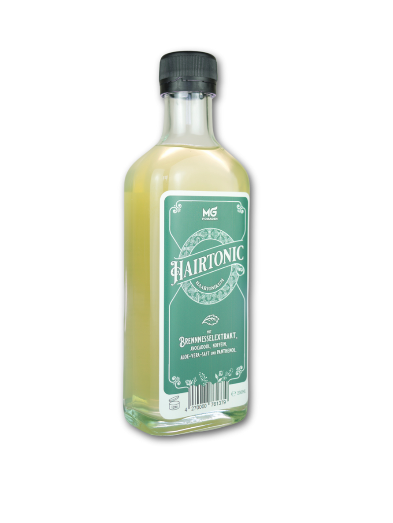 Flasche MG Pomaden Hair Tonic mit natürlichen Extrakten, angeboten bei Phullcutz für nährstoffreiches Haarstyling und Pflege.