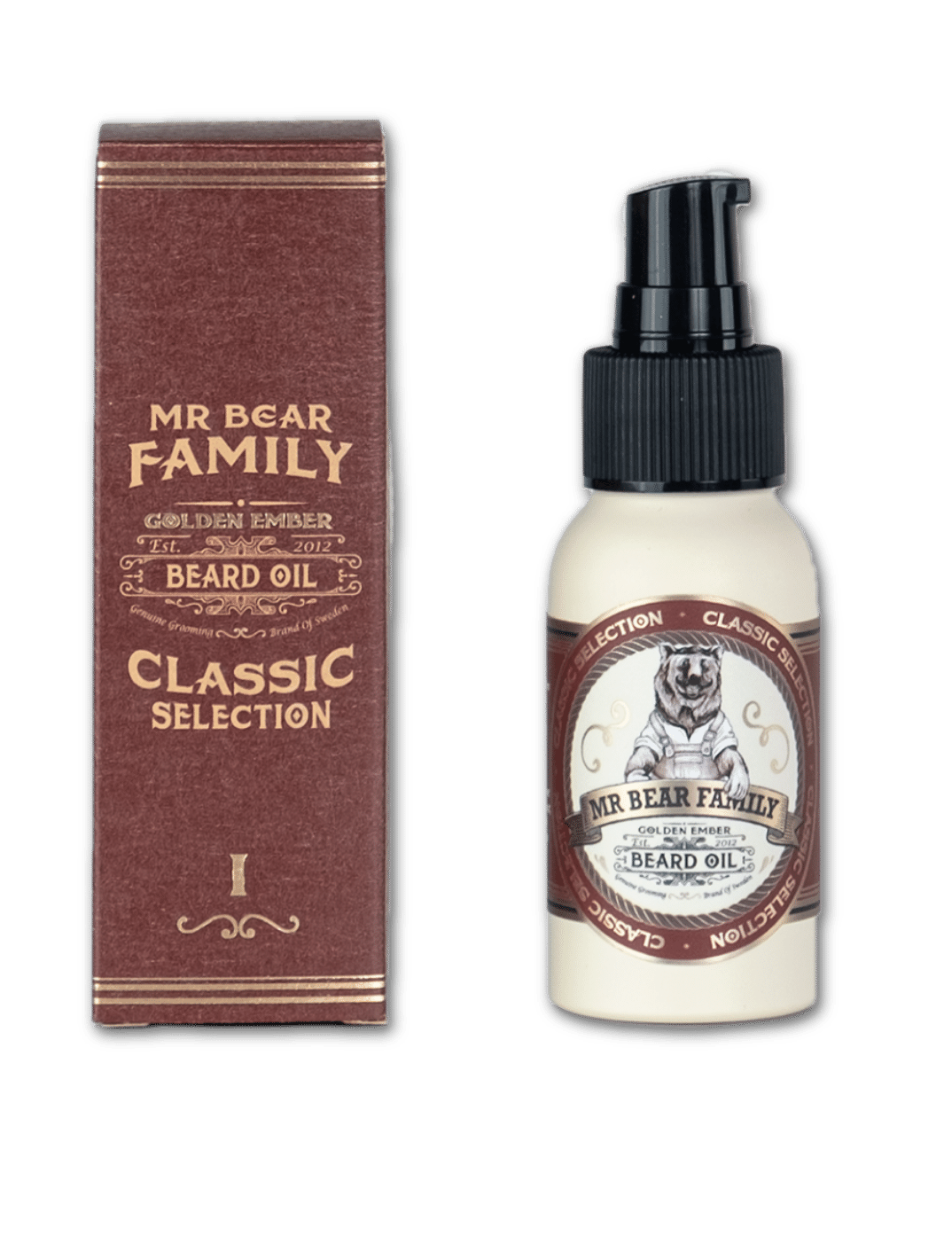 Mr. Bear Family Bartöl Golden Ember, 50ml Flasche, angereichert mit natürlichen Ölen für Glanz und Geschmeidigkeit des Bartes, in einer eleganten Flasche mit goldener Beschriftung, erhältlich bei Phullcutz.