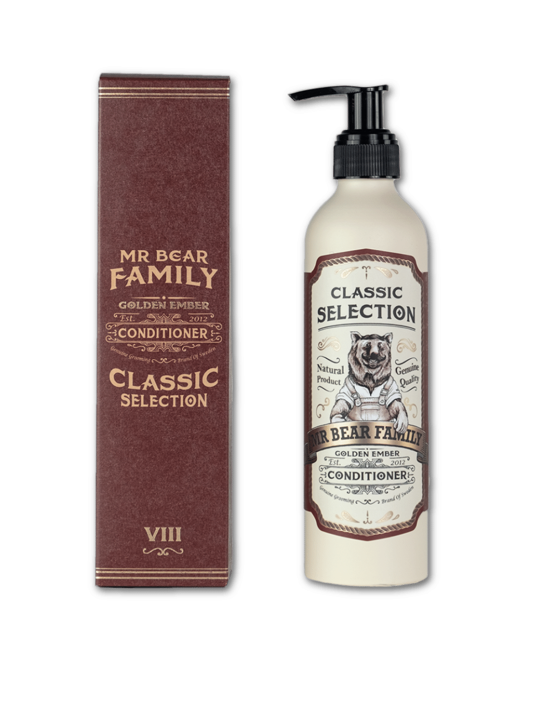 Mr. Bear Family Conditioner Golden Ember, 250ml Flasche, reichhaltiger Haarspülung für glänzendes und geschmeidiges Haar, in einer weißen Flasche mit goldenem Deckel und Etikett, erhältlich bei Phullcutz.