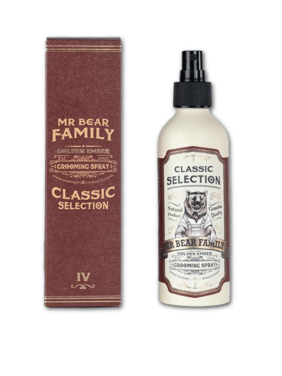 Mr. Bear Family Grooming Spray Golden Ember, 200ml Flasche, vielseitiges Styling- und Pflegespray für Haar und Bart, in einer durchsichtigen Sprühflasche mit goldenen Details, erhältlich bei Phullcutz.