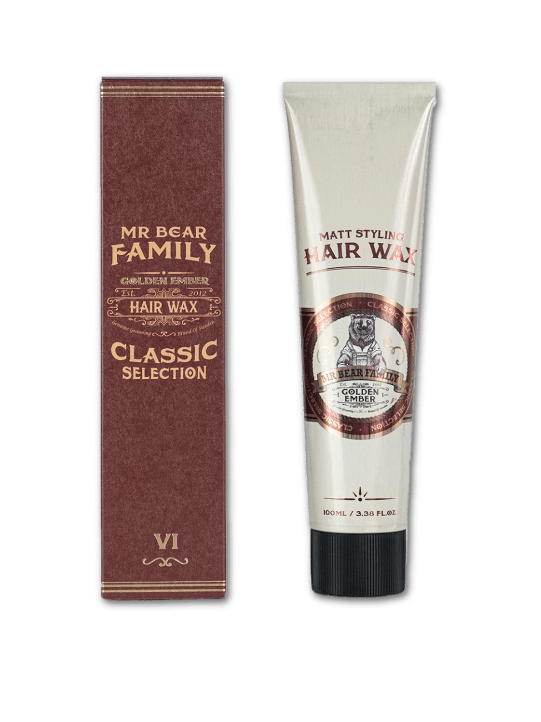 Mr. Bear Family Hair Wax Golden Ember, 100ml Dose, starkes Haarwachs für langanhaltenden Halt und natürlichen Glanz, in einer eleganten schwarzen Dose mit goldenem Deckel, verfügbar bei Phullcutz.