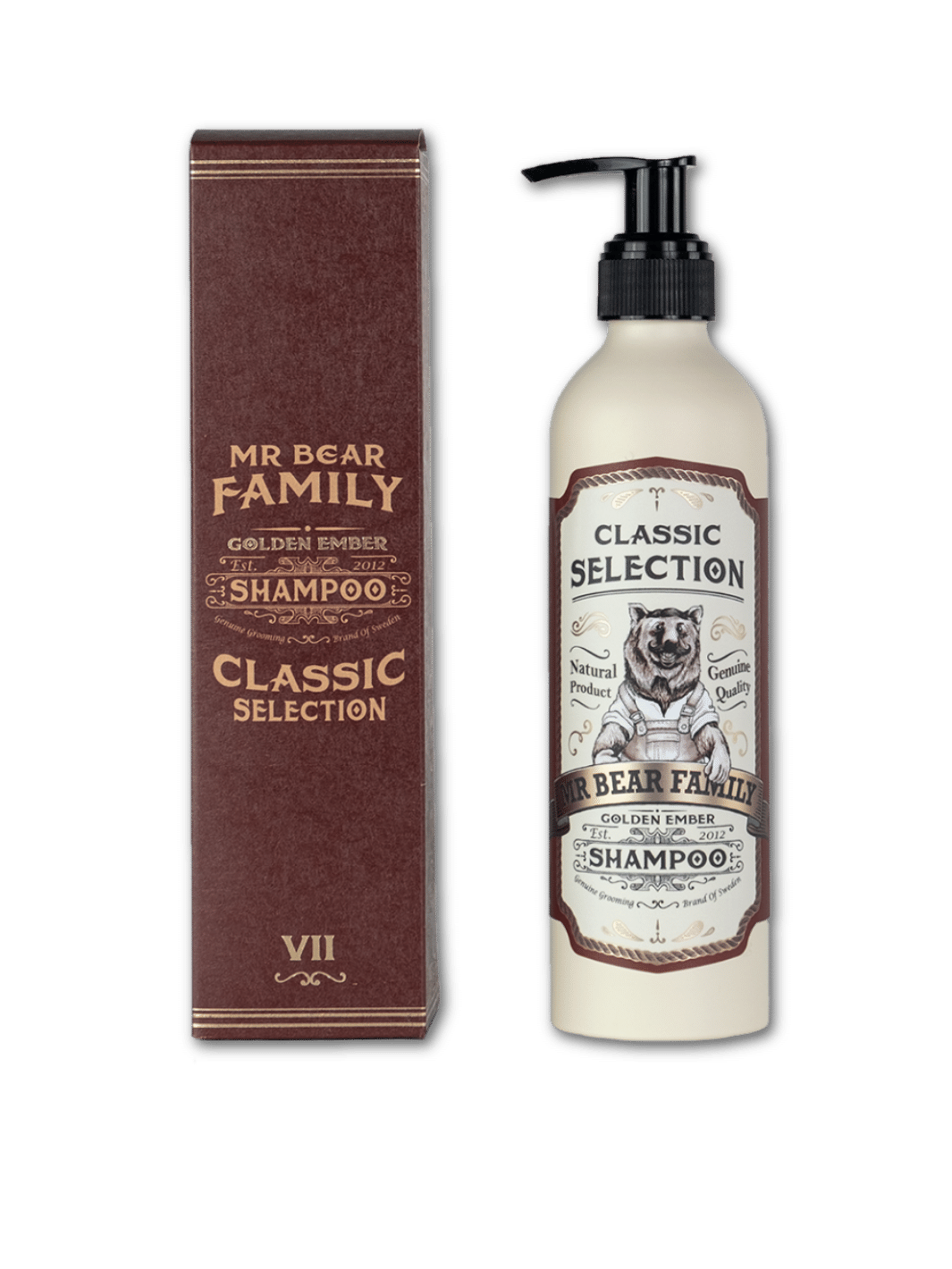 Mr. Bear Golden Ember Shampoo, 250ml Flasche, reinigendes und pflegendes Shampoo für alle Haartypen, in einer eleganten weißen Flasche mit goldenem Etikett, erhältlich bei Phullcutz.