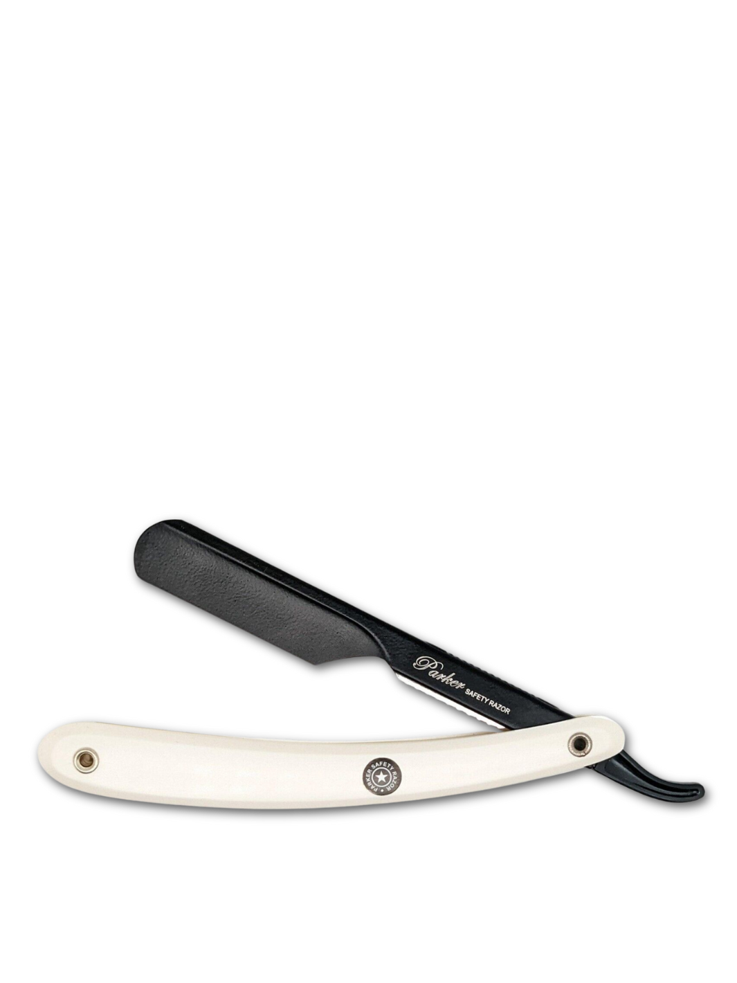 Elegantes Parker PTAWH einstellbares Rasiermesser mit weißem Griff und schwarzem Klingenarm, erhältlich bei Phullcutz für eine präzise und stilvolle Rasur.