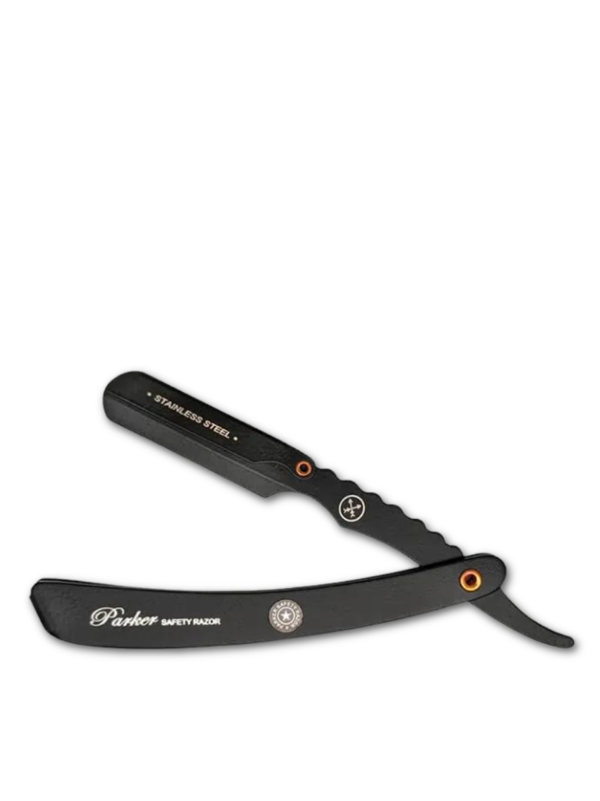 Parker SRXBLK professionelles Rasiermesser, erhältlich bei Phullcutz, mit schwarzem Griff und Edelstahlklinge, für eine präzise und traditionelle Rasur.