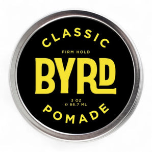 Phullcutz Byrd Classic Pomade Dose mit silbernem Deckel und schwarz-gelbem Etikett für starken Halt