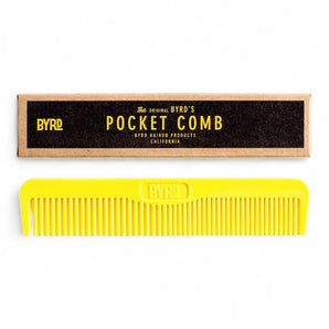 Phullcutz Byrd Pocket Comb Taschenkamm Composite in Gelb neben Verpackung mit BYRD Logo für unterwegs