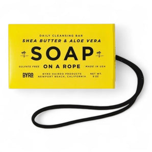 Phullcutz Byrd Soap on a Rope Tropical Coconut gelbe Verpackung mit schwarzer Kordel und Palmen-Motiv