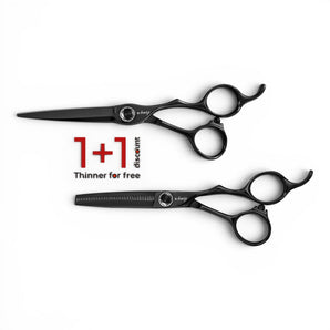 Phullcutz e-kwip Kuro Haarscheren-Set in Schwarz mit Titanbeschichtung, bestehend aus Schneide- und Modellierschere.